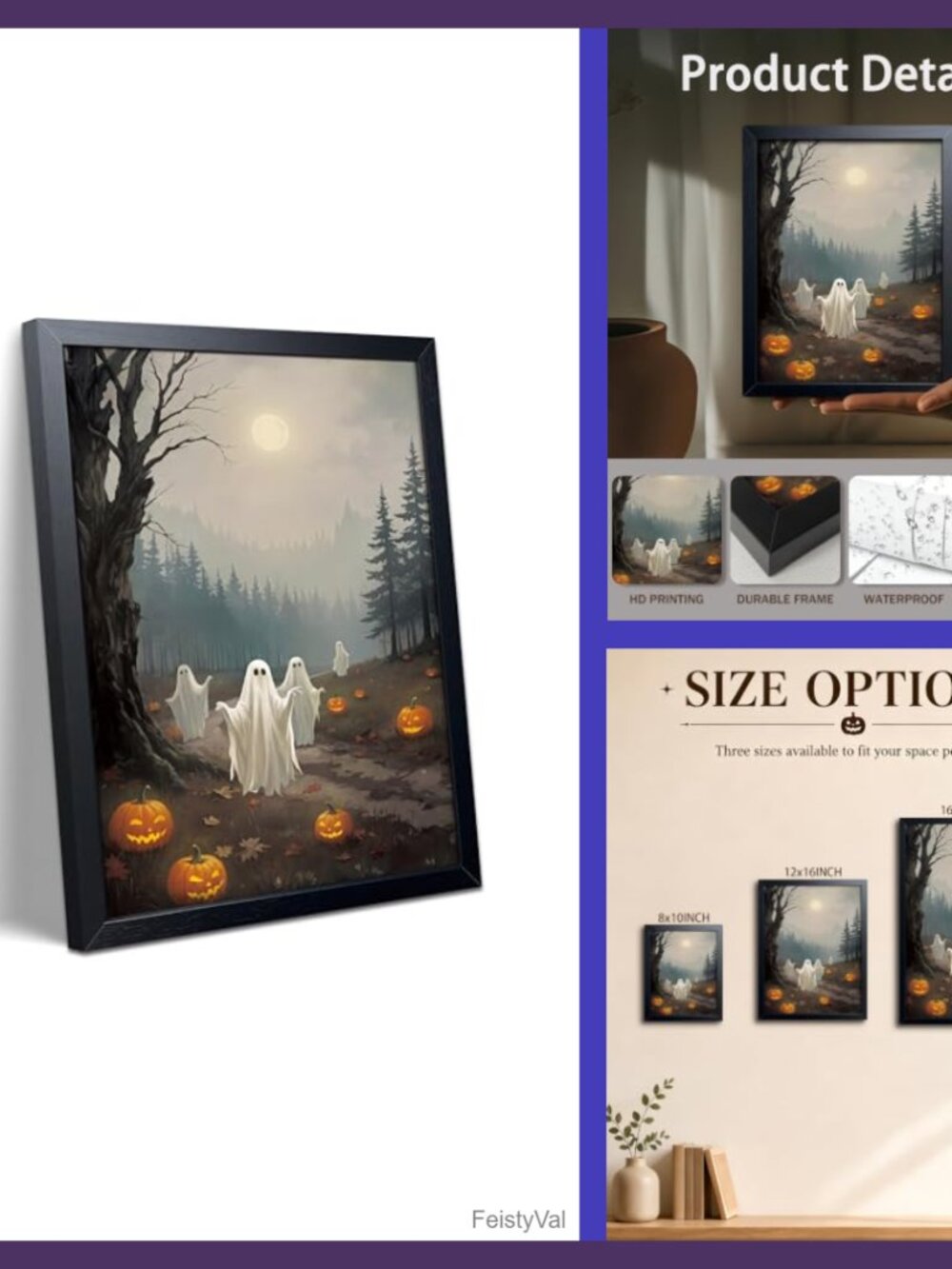 Vintage Halloween Ghost Canvas Wall Art Framed Spooky Forest Pumpkin Print 8x10